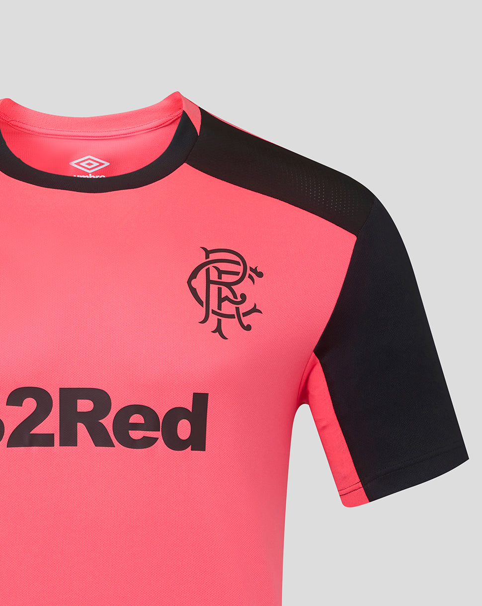 Pink sports jersey with black sleeves and logo on a gray background