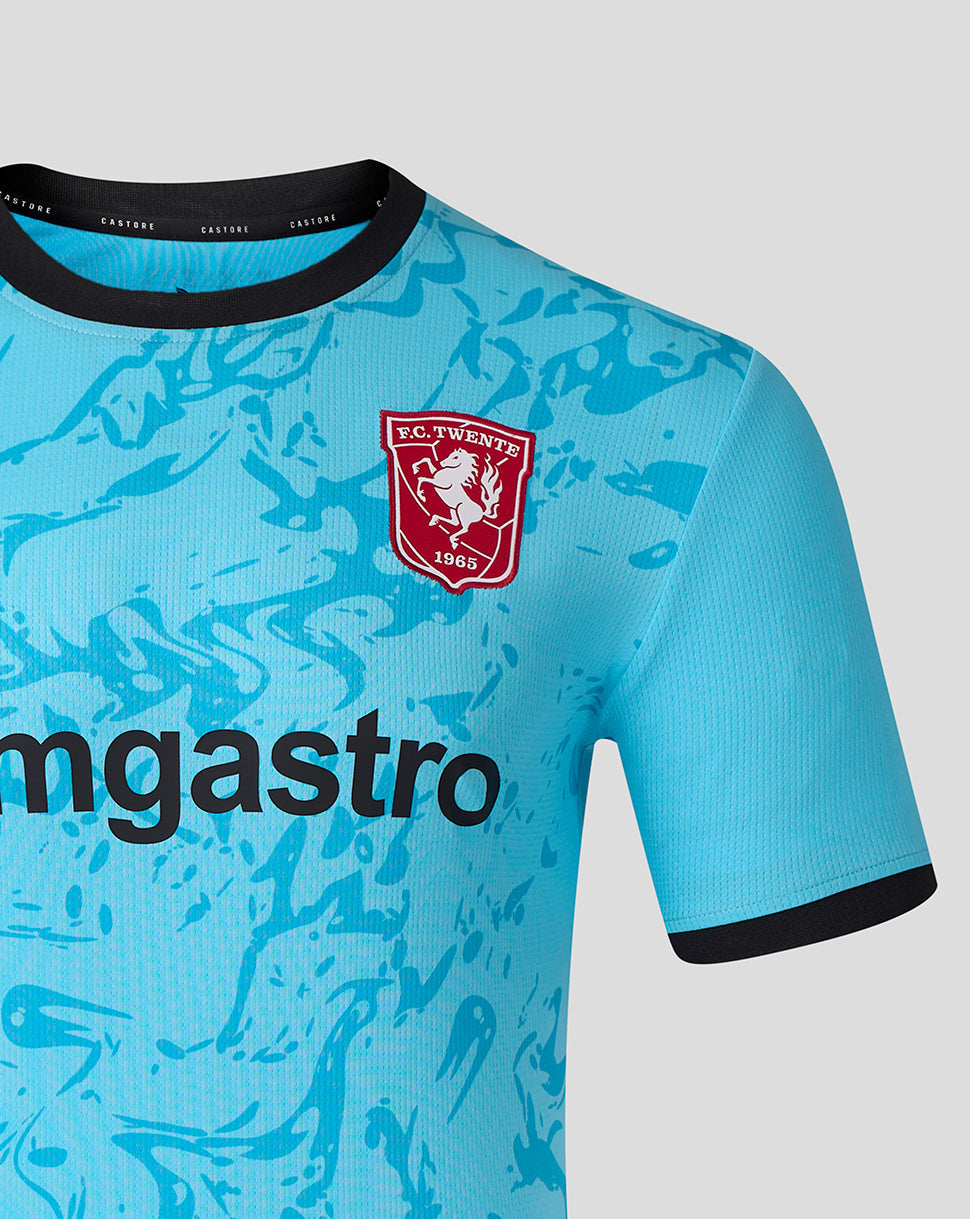 Upper torso of turquoise FC Twente away goalkeeper shirt featuring the club crest and blue abstract pattern.