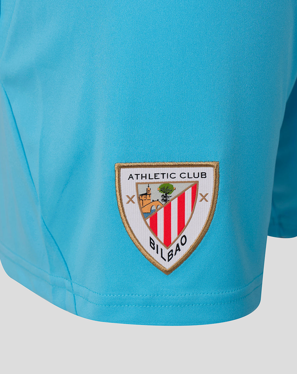 Athletic Club Bilbao crest embroidered on turquoise shorts leg.