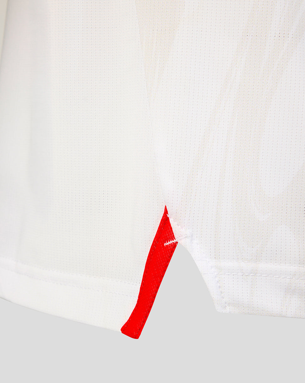 Close-up of FC Twente 26/27 matchday shirt in white showing the red vent at the hem.