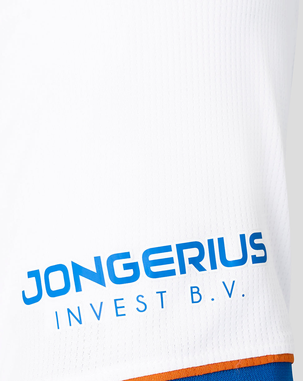 Close-up of white FC Utrecht third shirt fabric with blue Jongerius Invest B.V. sponsor text along the hem.