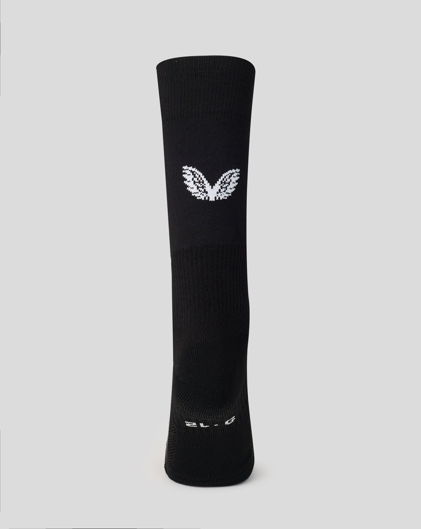 Black sock with a white logo on a light gray background