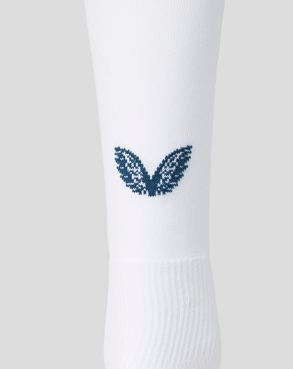White FC Utrecht away sock featuring a blue wing emblem on the shin area