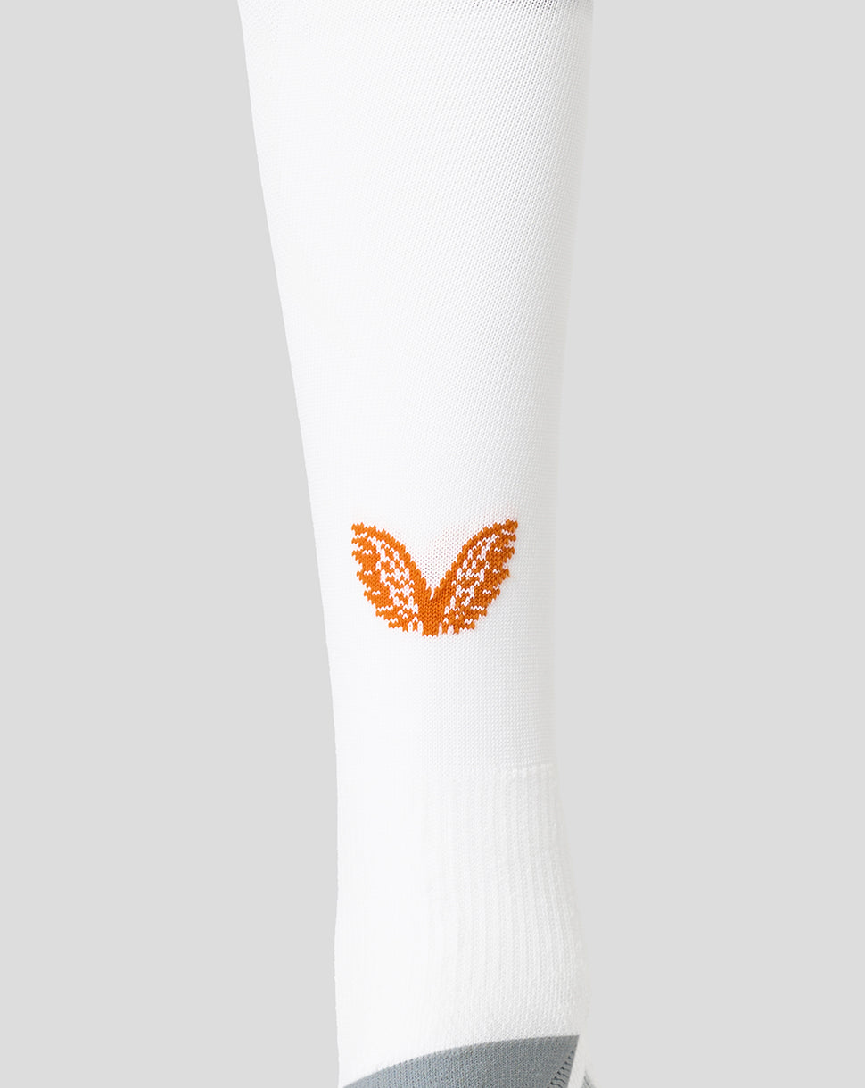 White FC Utrecht 26/27 third sock featuring an orange wing logo on the lower leg