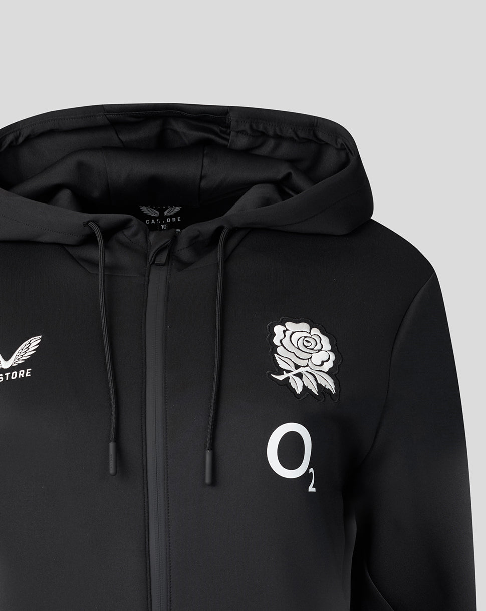 Black hoodie with white logos on a gray background