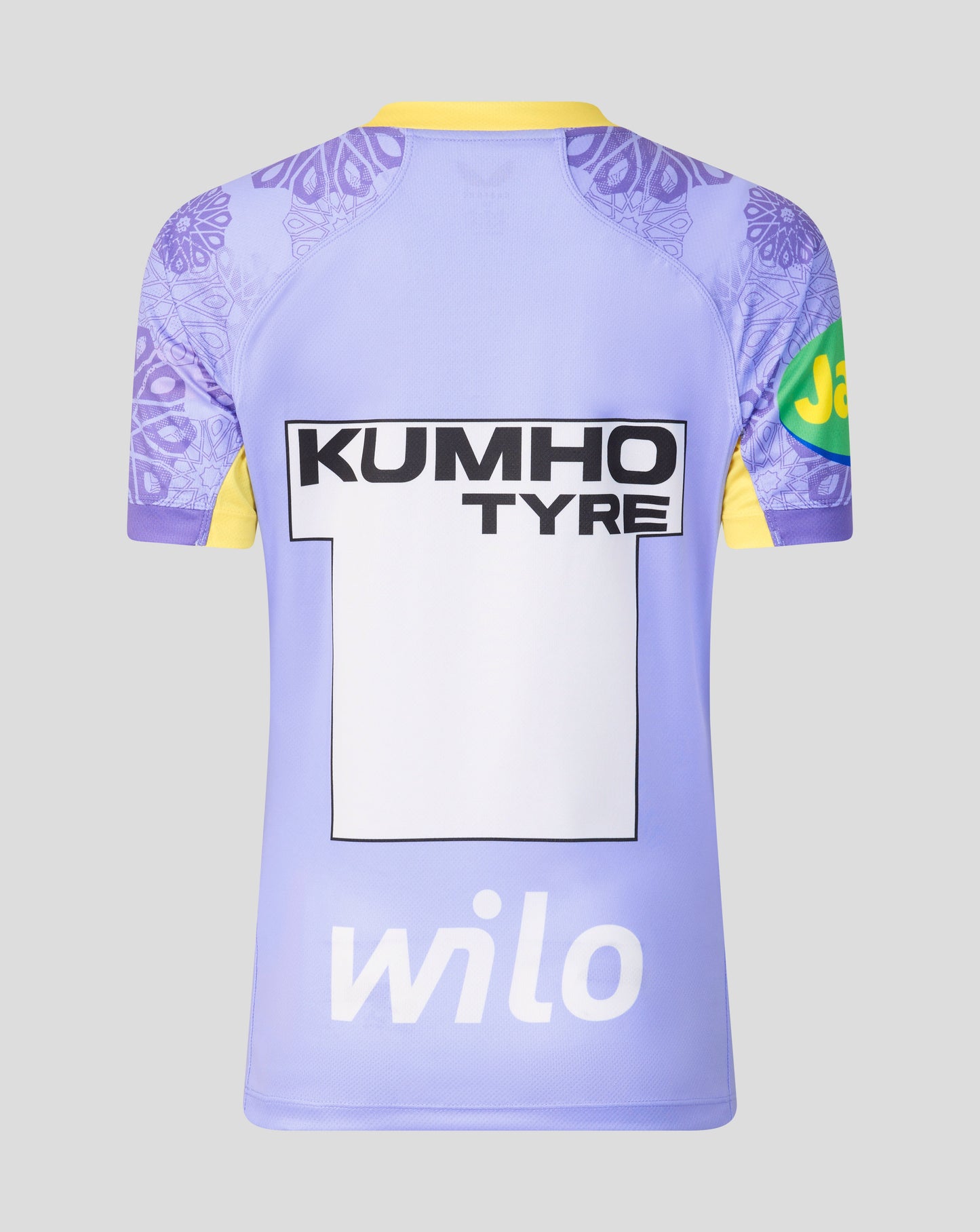 The back of a light purple rugby jersey with yellow collar and sleeve accents, featuring 'KUMHO TYRE' and 'wilo' sponsor logos, displayed on a neutral gray background.