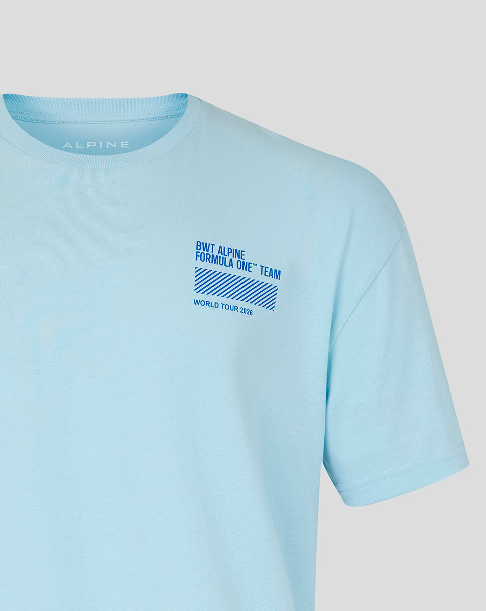 Close up of a light blue BWT Alpine World Tour T shirt with a blue chest graphic and World Tour branding on the front.