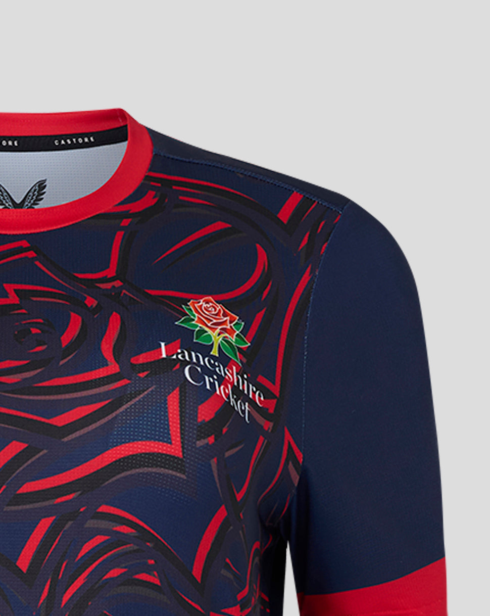 Navy and red sports jersey with Lancashire Cricket Club logo on a light gray background