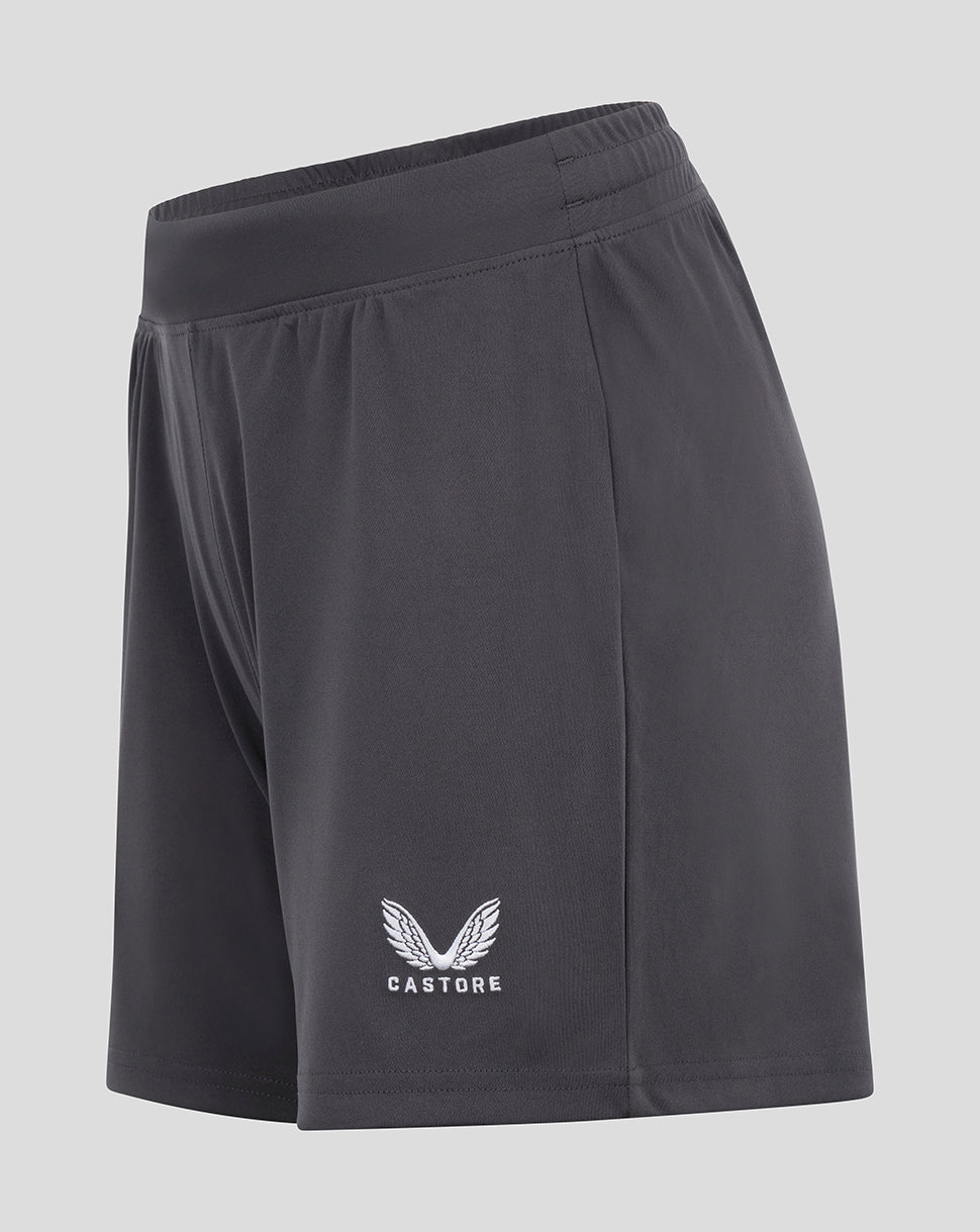 Back view of grey Sevilla goalkeeper shorts featuring the Castore logo near the hem.