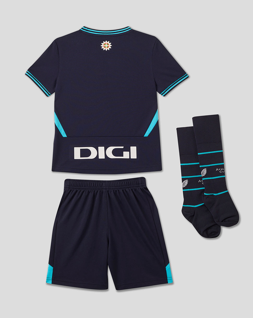 Athletic Club replica kids kit with navy shirt shorts and ankle socks bearing turquoise accents and club logos.