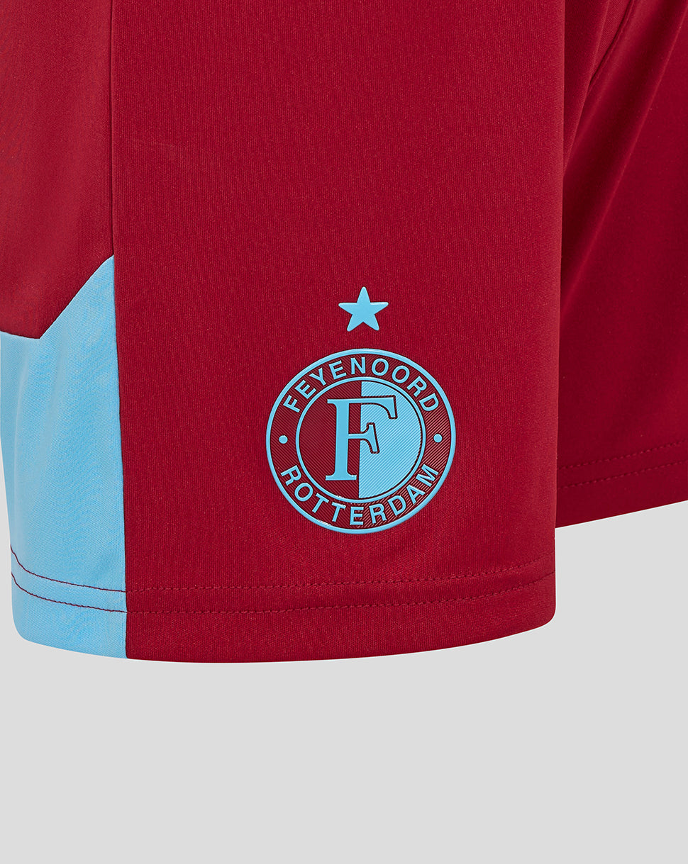 Feyenoord red shorts with a light blue side panel, star above the team crest on the leg