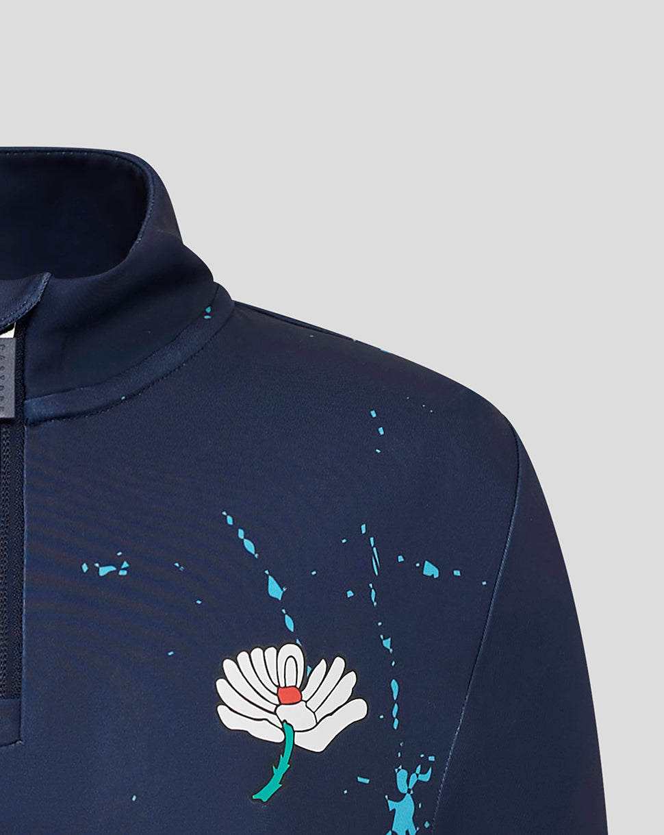 Navy blue jacket with a floral design on a light gray background