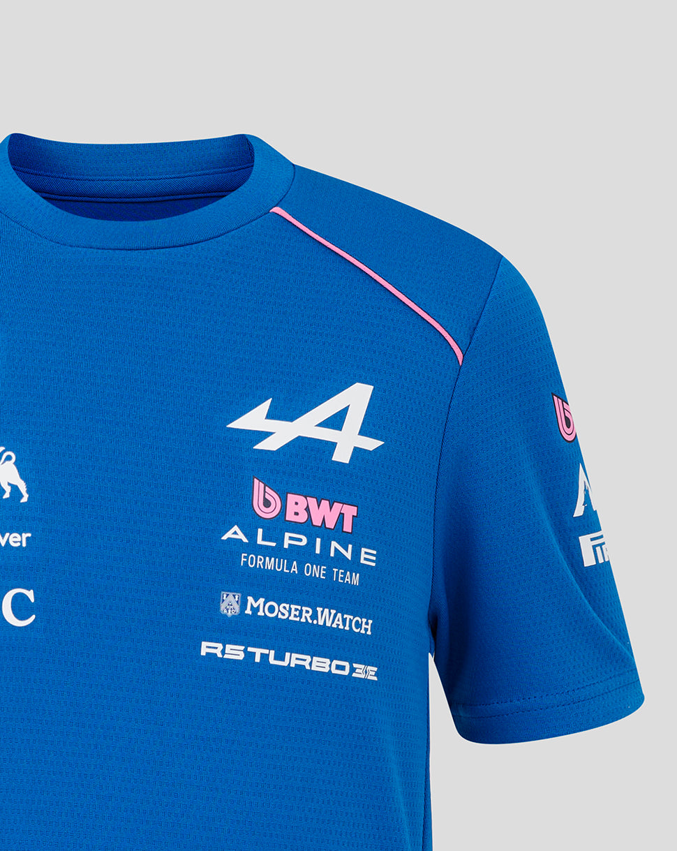 Front view of blue BWT Alpine junior shirt with large white 44 and multiple sponsor logos