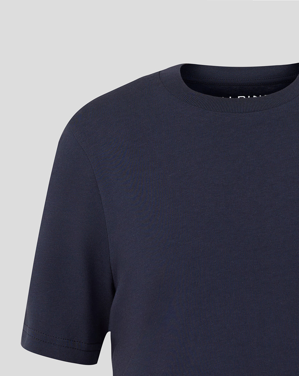 Navy junior regular fit T shirt with crew neck and A embroidery on the left chest.