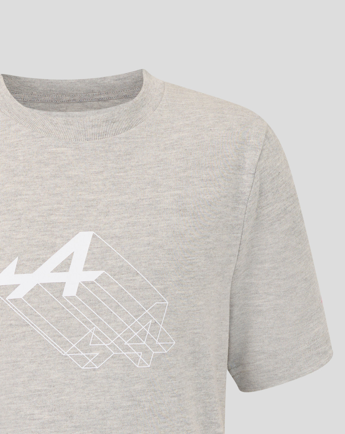 White geometric graphic on the front lower panel of the grey marl shirt
