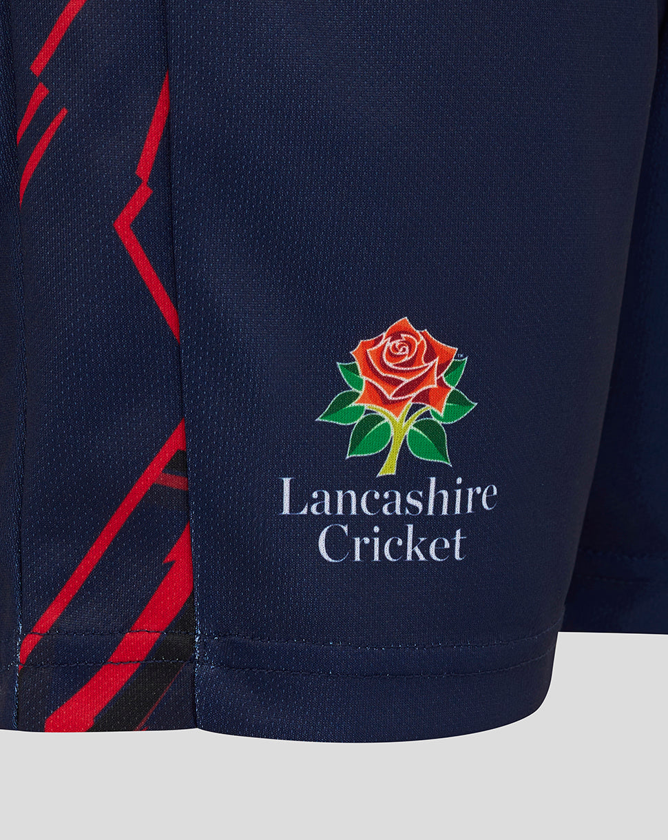 Navy blue sports jersey with Lancashire Cricket logo on a white background