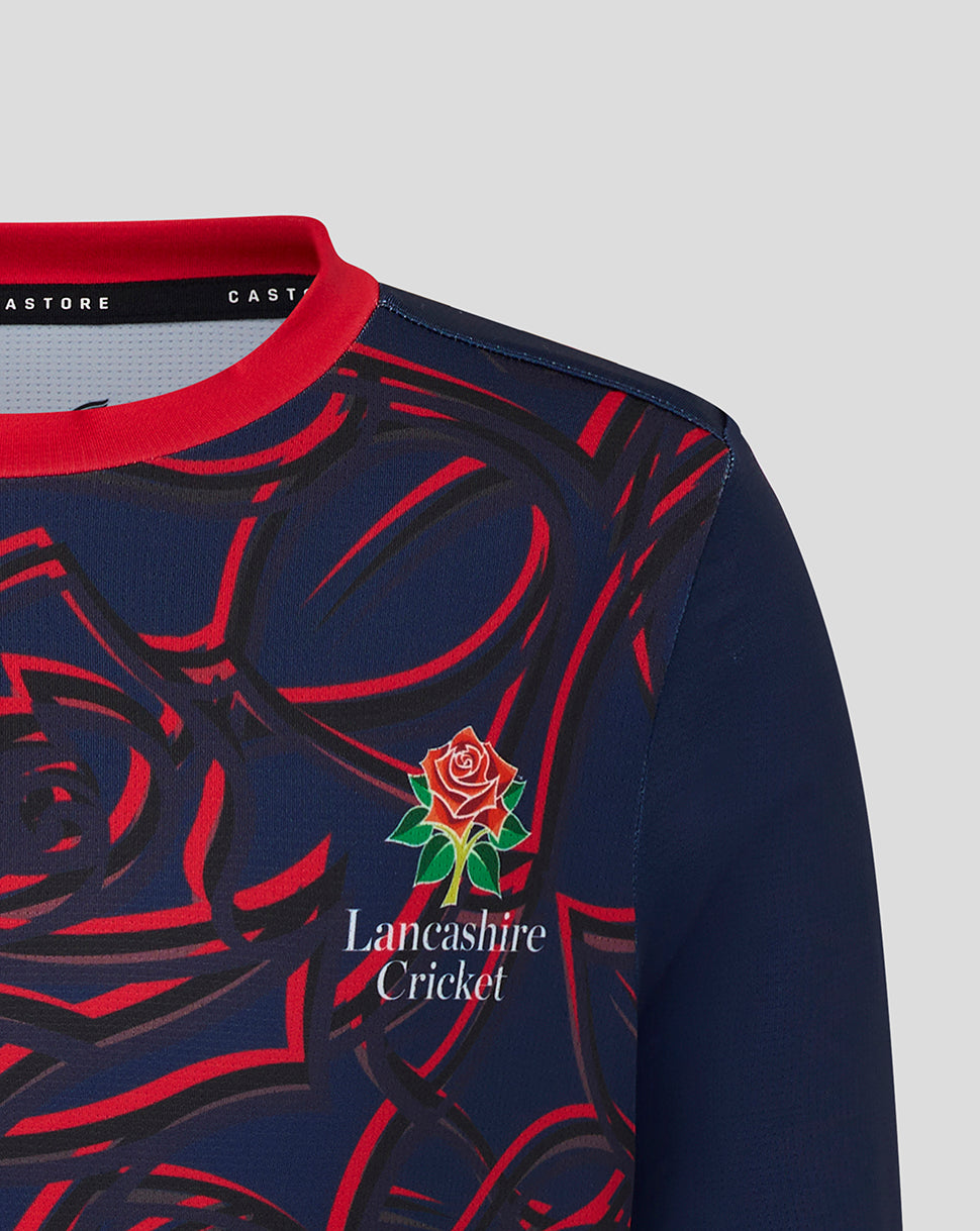 Navy and red sports jersey with Lancashire Cricket logo on a light gray background
