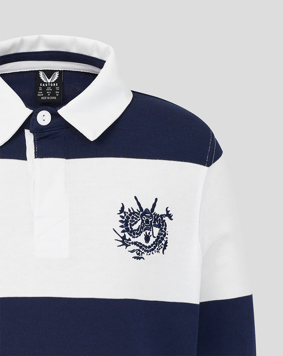 Navy and white polo shirt with a logo on a light gray background
