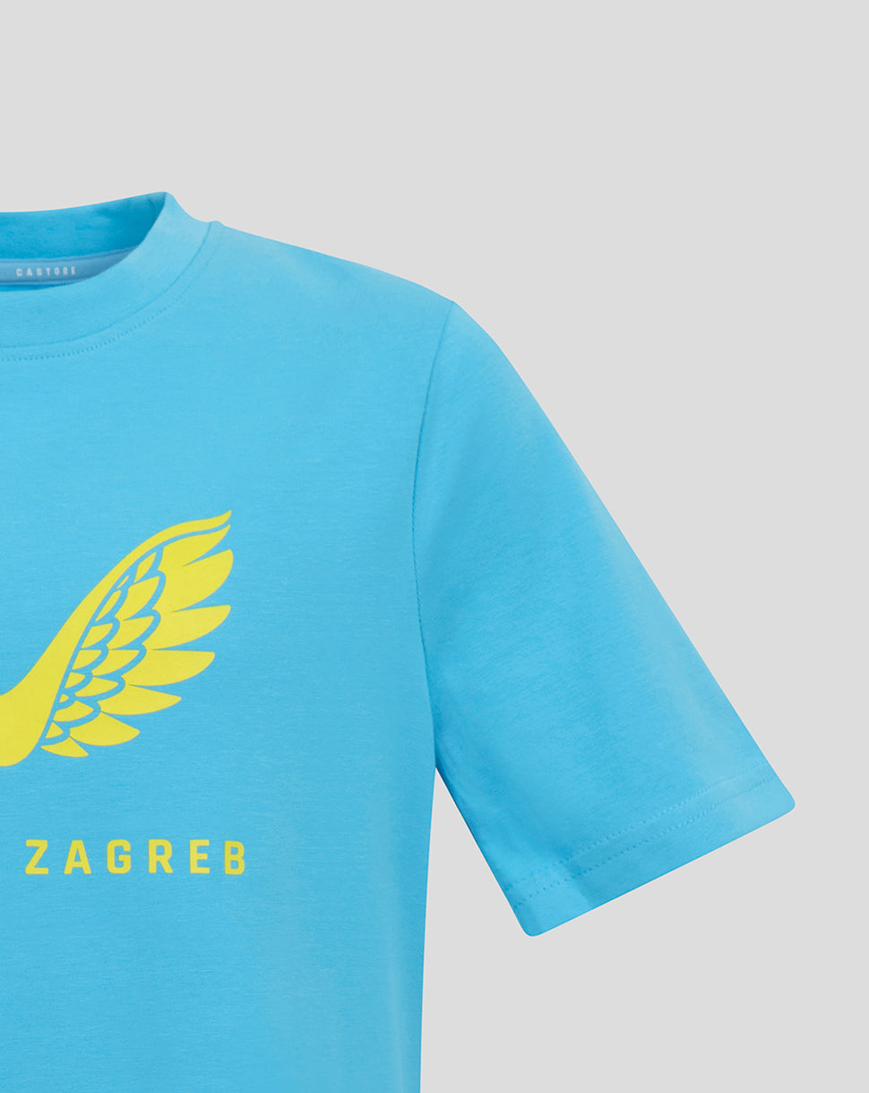 Turquoise Dinamo Zagreb Pro Players Tee Aquarius close up showing yellow wing crest and Zagreb lettering