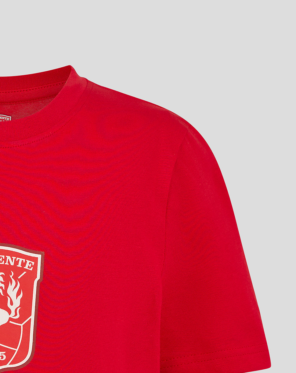 Close-up of red junior FC Twente Core Logo T-shirt chest crest.