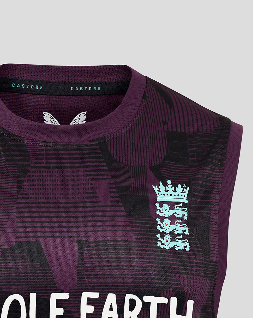 Purple sports jersey with a logo and text on a light gray background