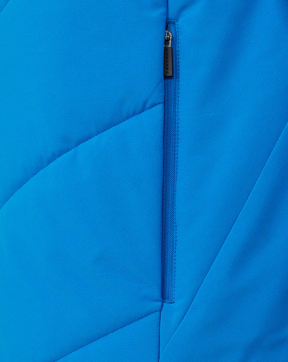 Close-up of the front zipper on a blue FC Twente performance gilet
