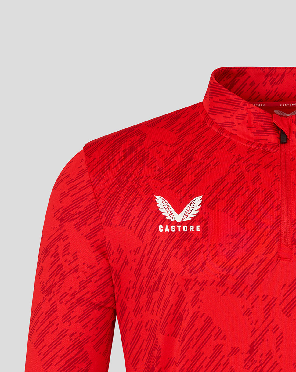 Close up of red patterned fabric with the FC Twente crest on the chest.
