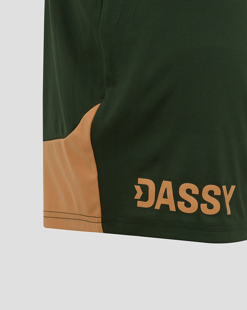 Dark green FC Utrecht away shorts with a tan side panel and DASSY branding near the hem