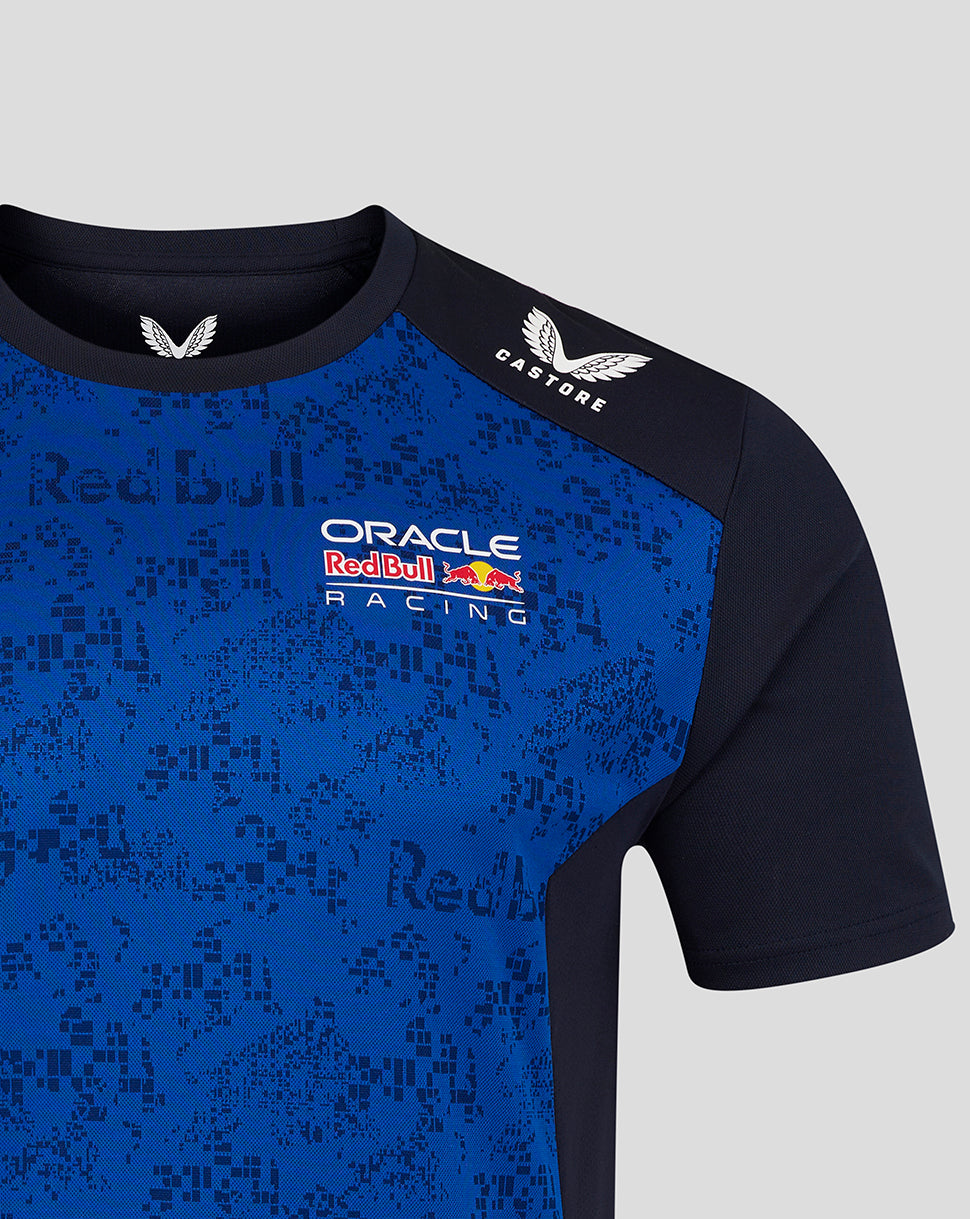 Front view of Oracle Red Bull Racing men's T shirt in night sky blue showing the team logo on the chest and Castore wing on shoulder