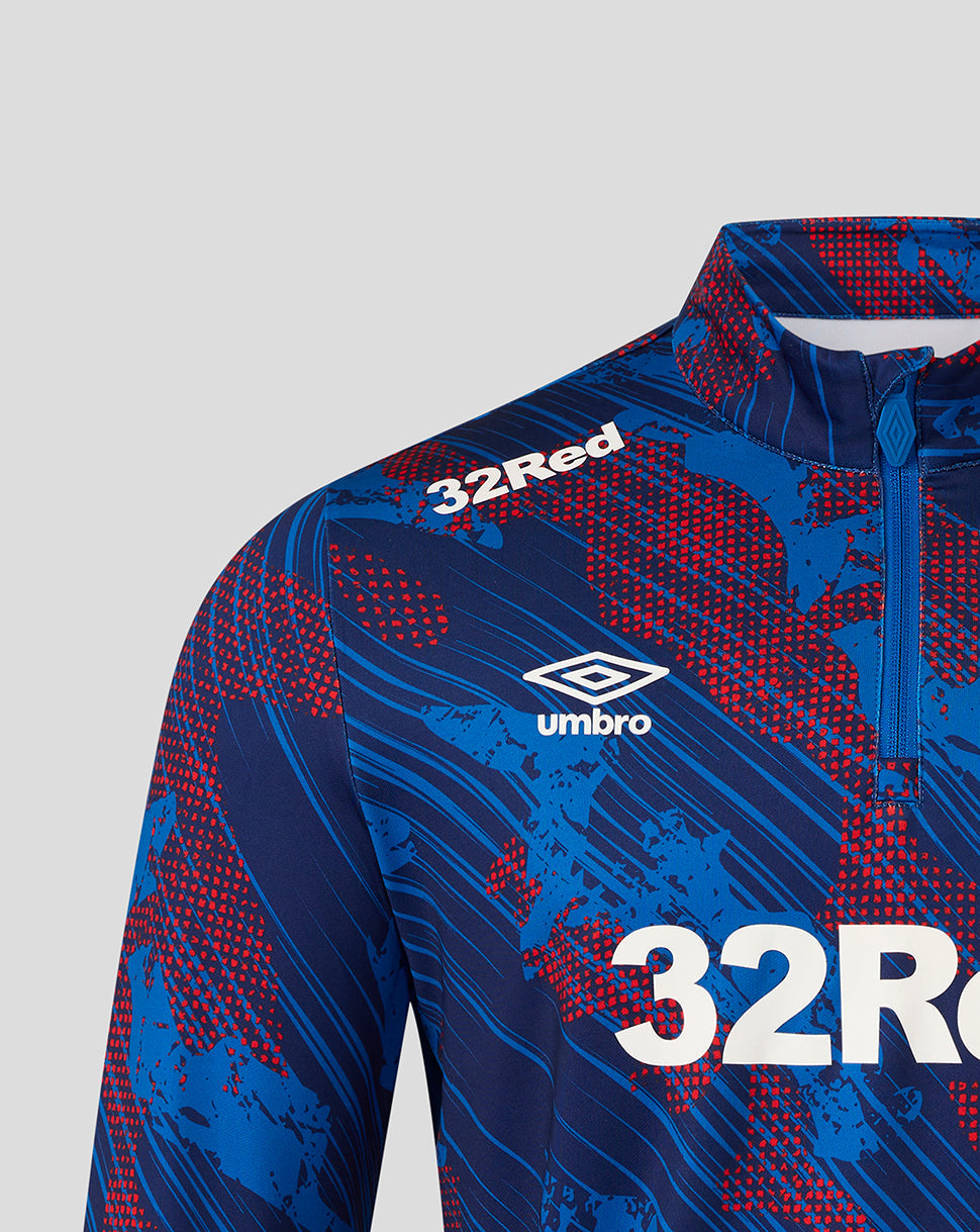 Blue and red sports jacket with '32Red' and Umbro branding on a gray background