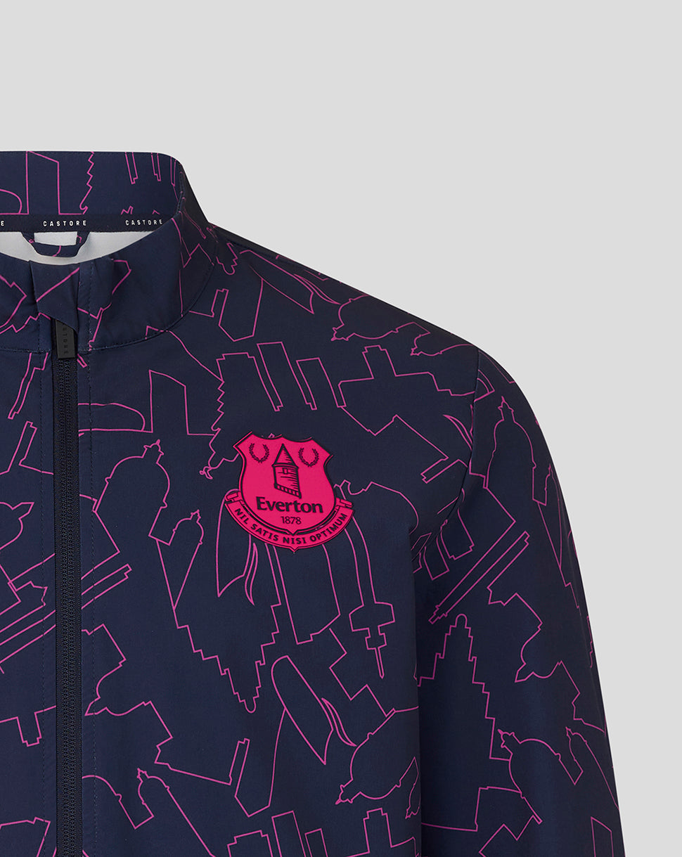 Navy jacket with pink pattern and logo on a light gray background