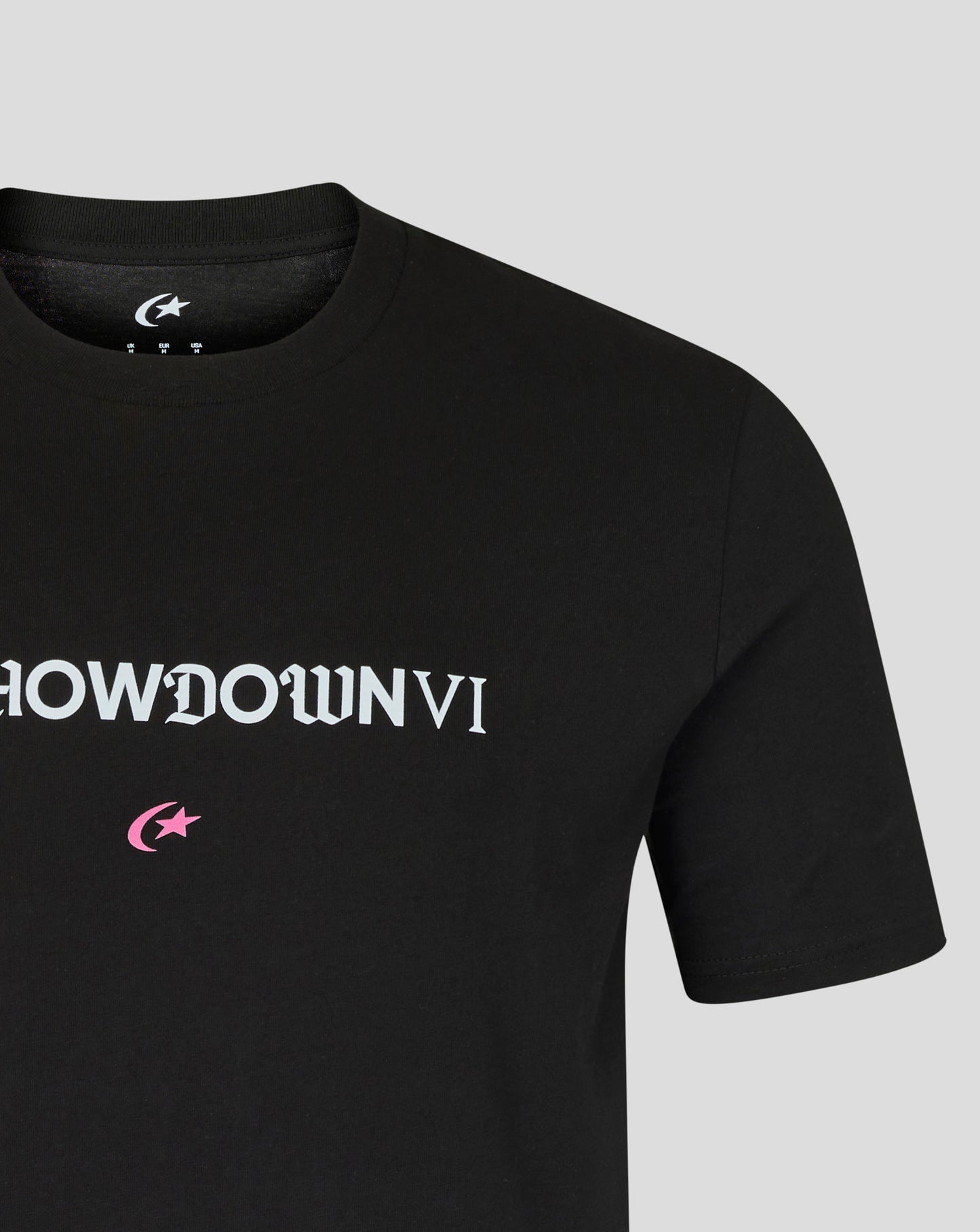 Black t-shirt with 'SHOWDOWN VI' text and logo on a gray background