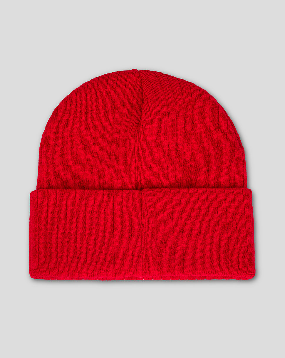 Red knit beanie with folded cuff and Almeria club crest patch on the front