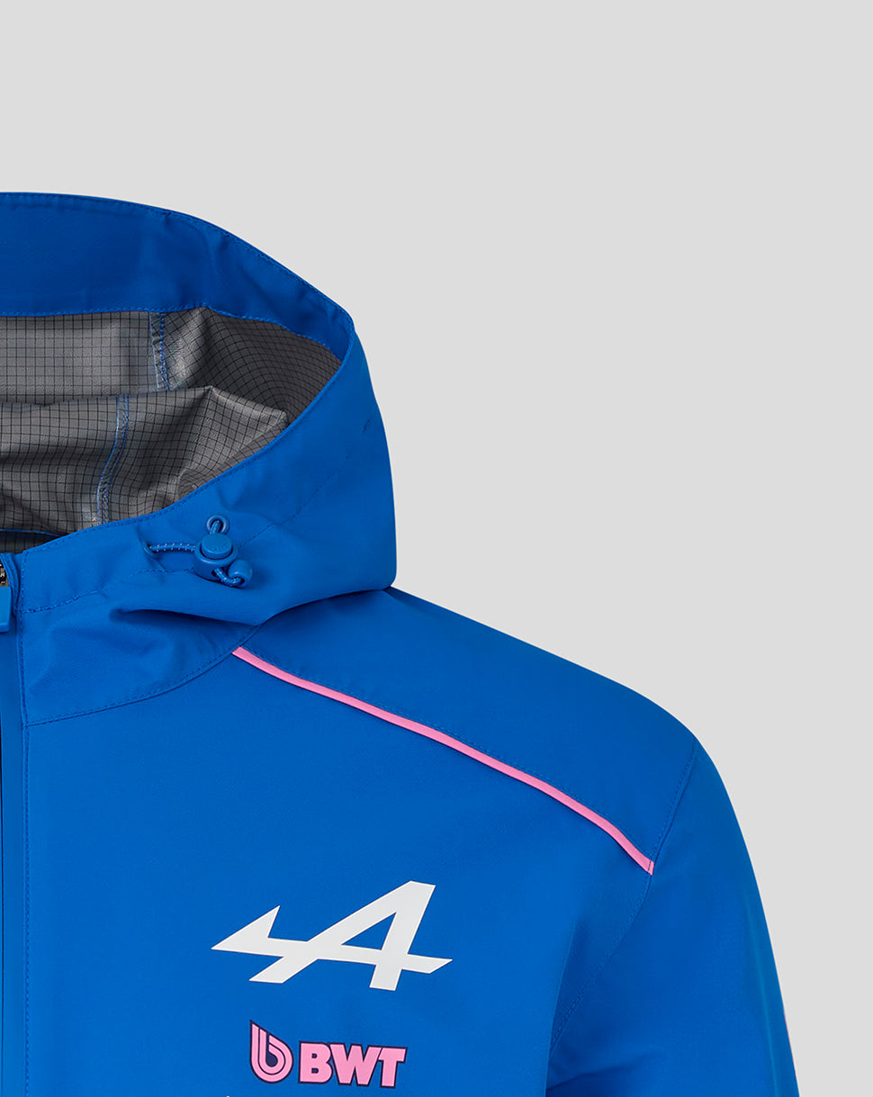 Blue jacket with a logo and brand name on a gray background