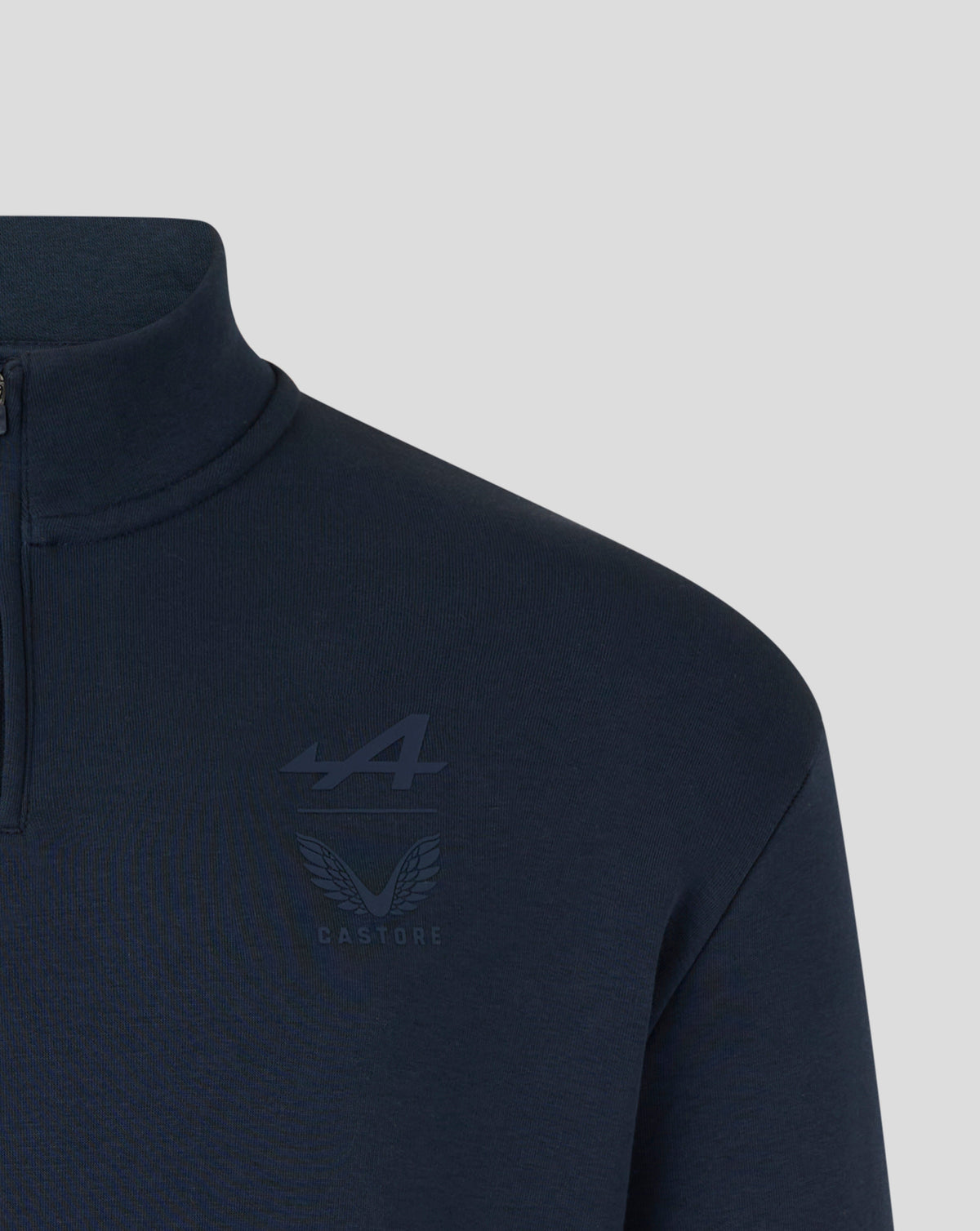 Navy blue BWT Alpine travel sweatshirt close up of the left chest showing Alpine A and Castore logos