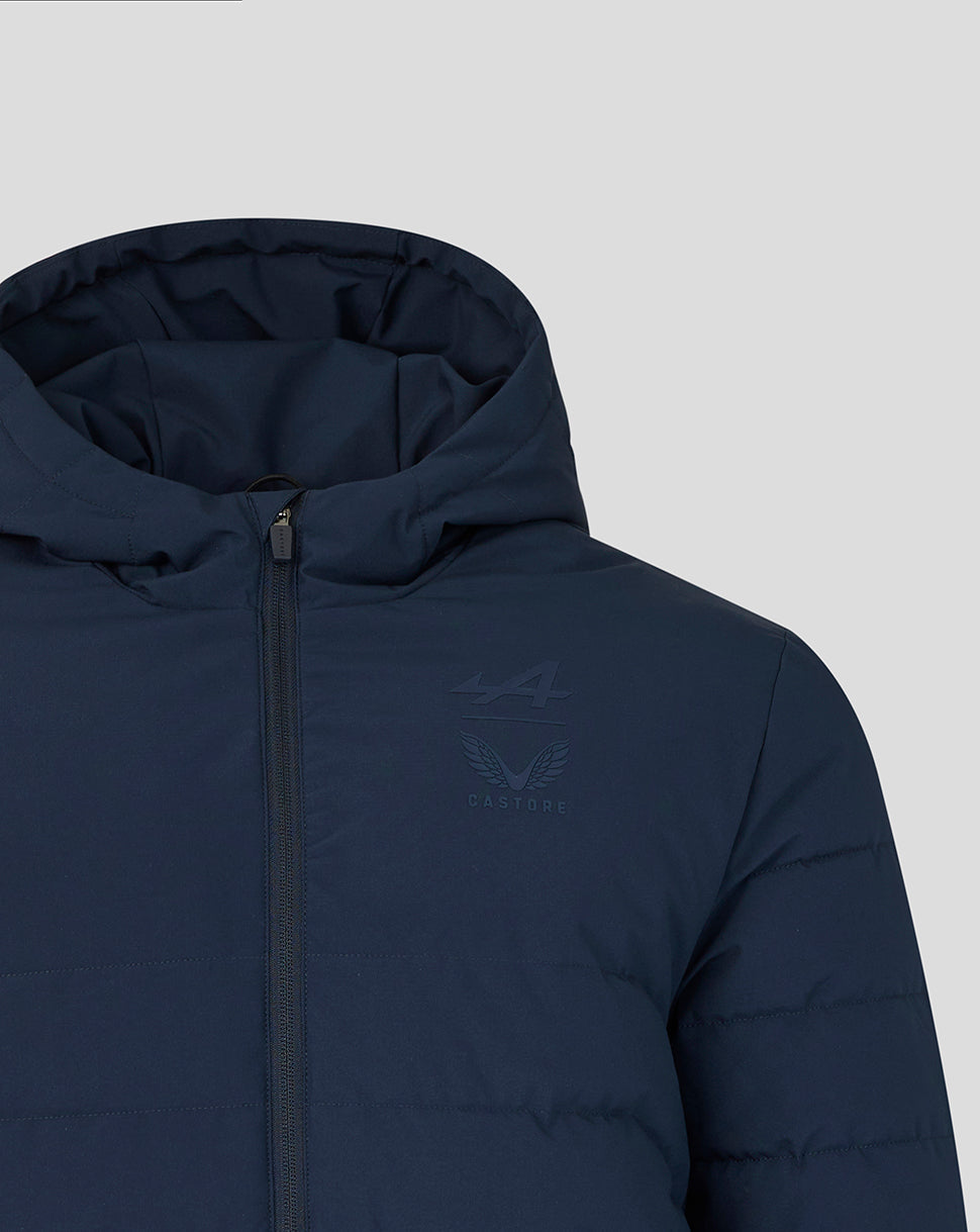 Navy BWT Alpine travel winter jacket with hood and left chest Alpine logo with Castore branding