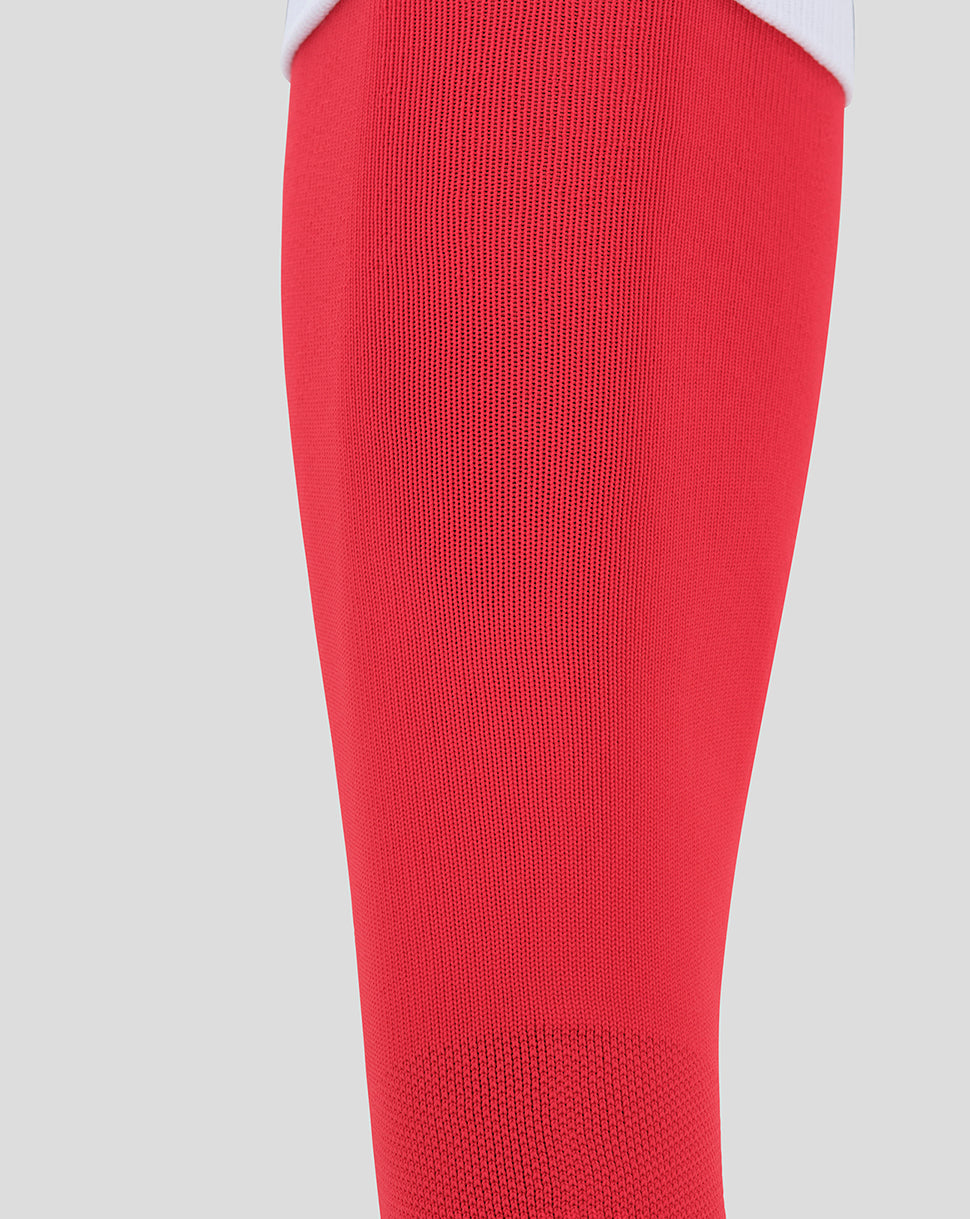 Red Sevilla away sock close up focusing on knitted texture