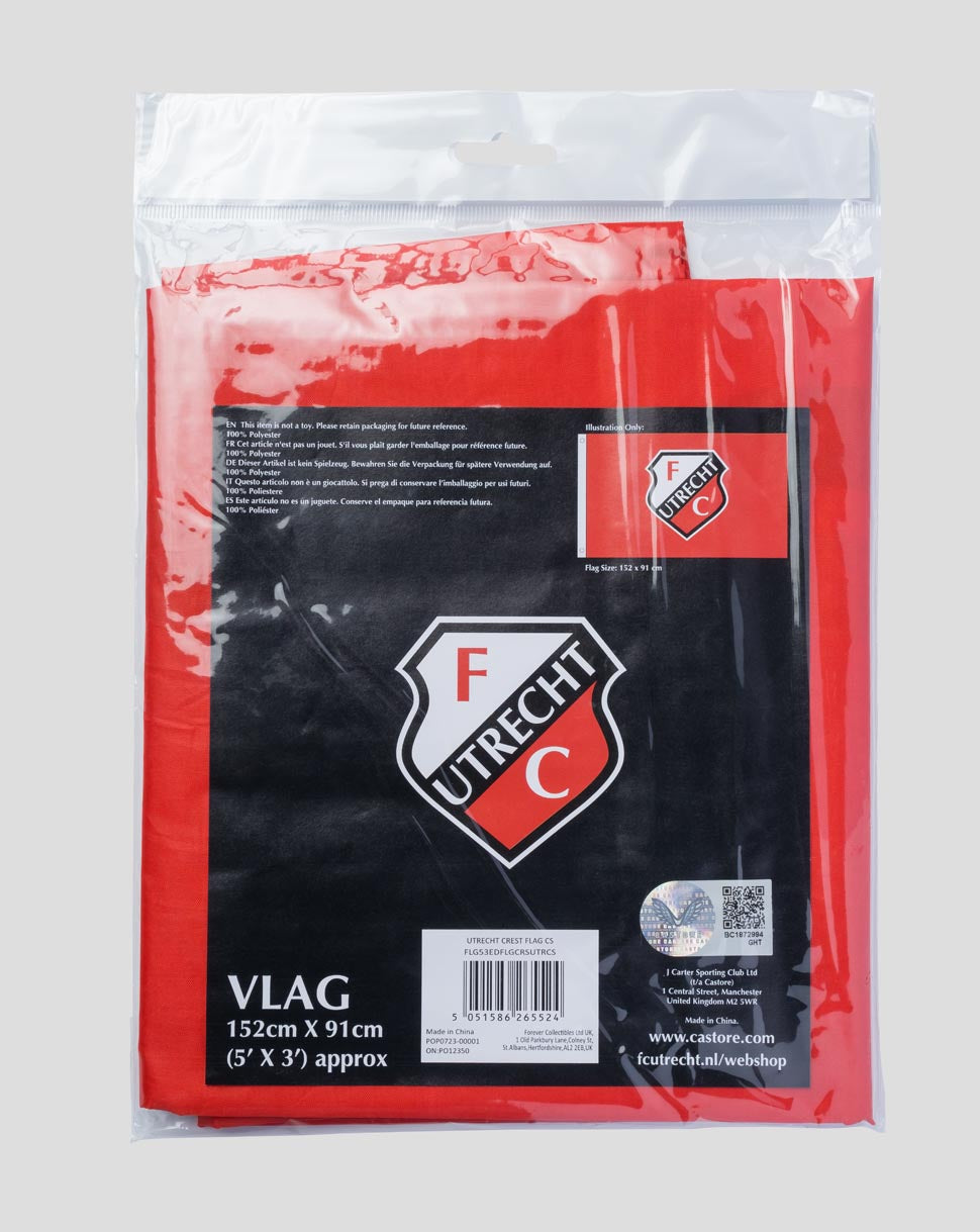 Red Utrecht flag folded inside clear packaging with crest label