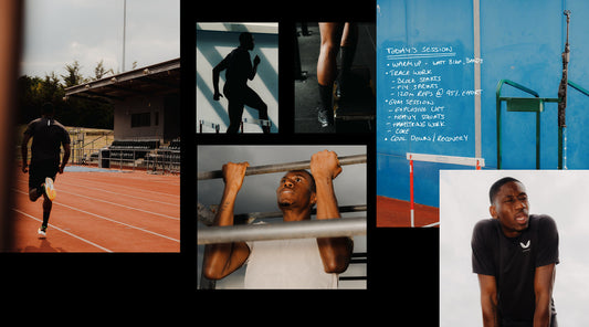 Collage of training moments showing a runner on a track, a silhouette hurdle scene, pull up bar work, a blue chalkboard of today’s session, and two men posing indoors.