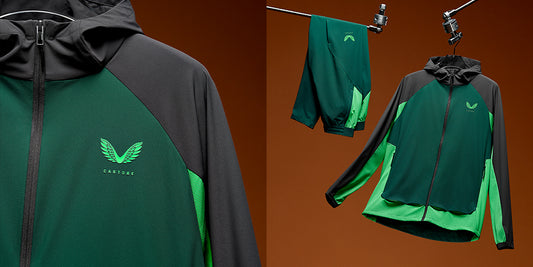 Green and black Flex Collection athleisure jackets displayed against a brown backdrop with garments hanging and a close up of a jacket.
