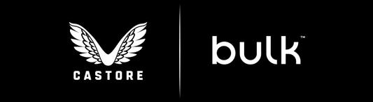 Castore and Bulk logo banner on black background announcing a new apparel partnership