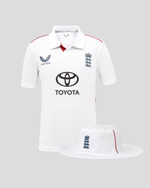 England Junior Test shirt and hat bundle white polo shirt with England crest and Toyota logo and a matching white wide brim hat