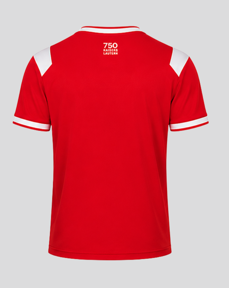 Back view of red FC Kaiserslautern Junior 26/27 home jersey with white shoulder panels