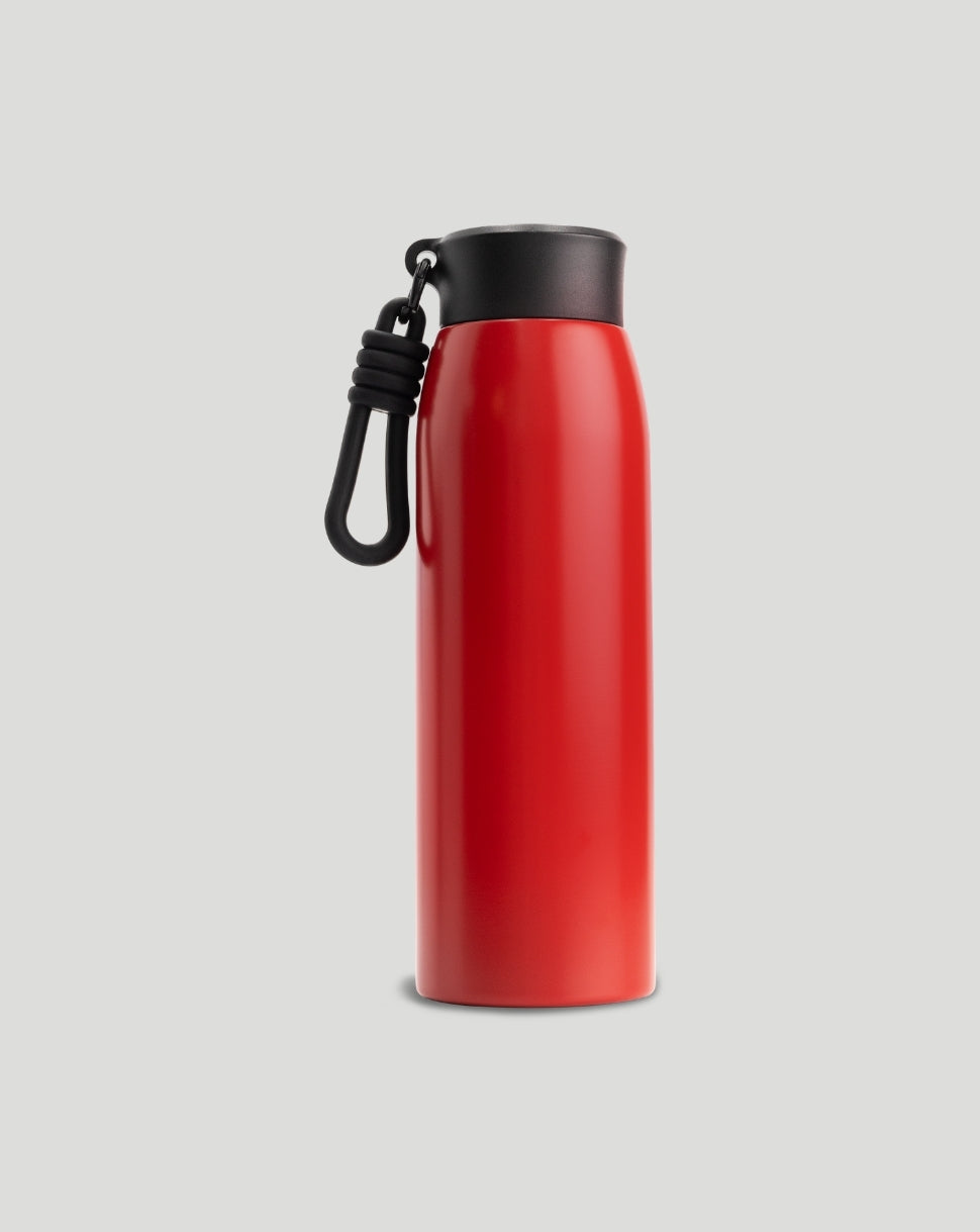 Red Scuderia Ferrari water bottle with a black cap and attached carry loop.
