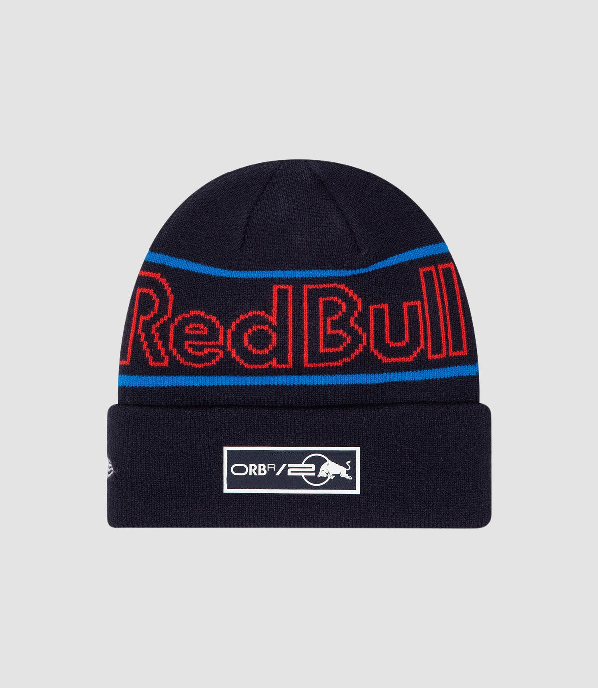 Beanie in dark navy knit with blue and red stripes and bold Red Bull lettering plus an Oracle Red Bull Racing patch