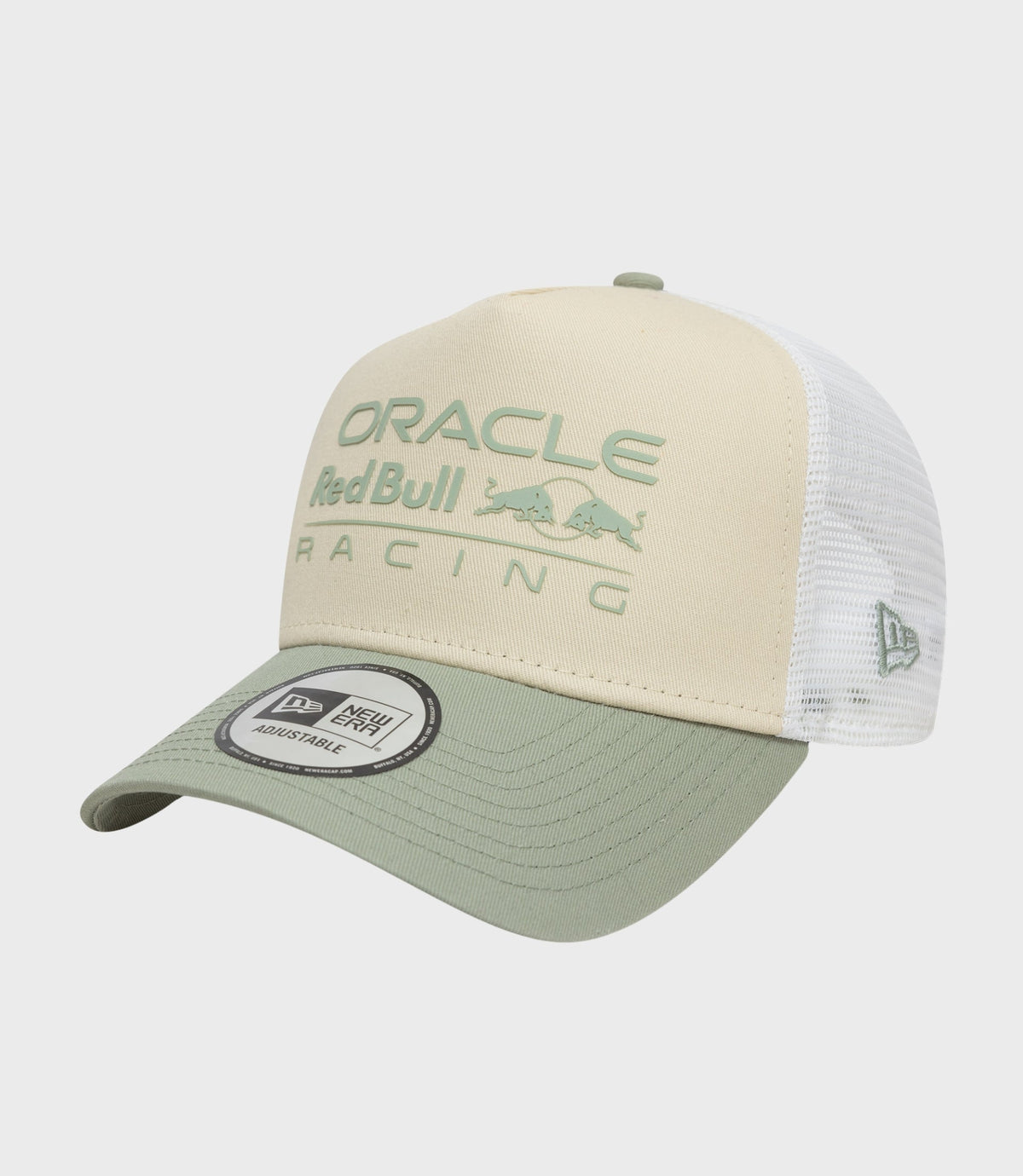 Beige cap front panel with mint green Oracle Red Bull Racing lettering on the crown