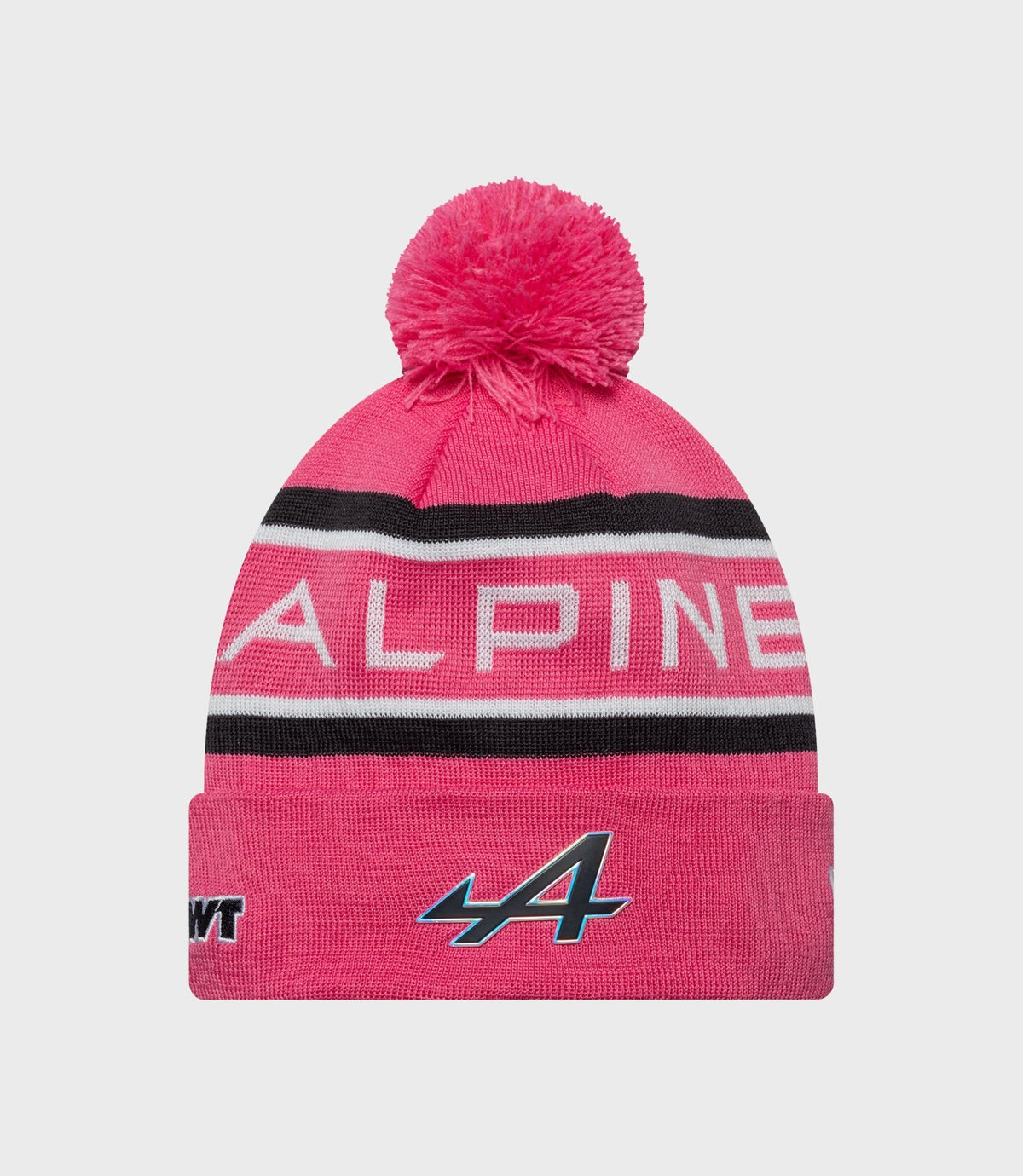 Pink knit beanie with pom pom and Alpine logo on the cuff