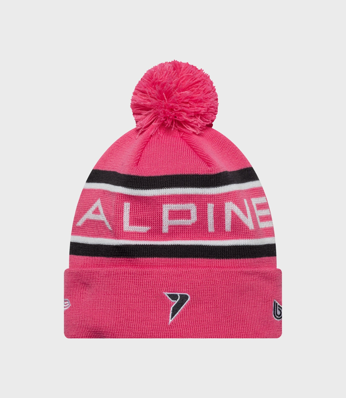 Bright pink striped knit hat with pom pom and Alpine lettering