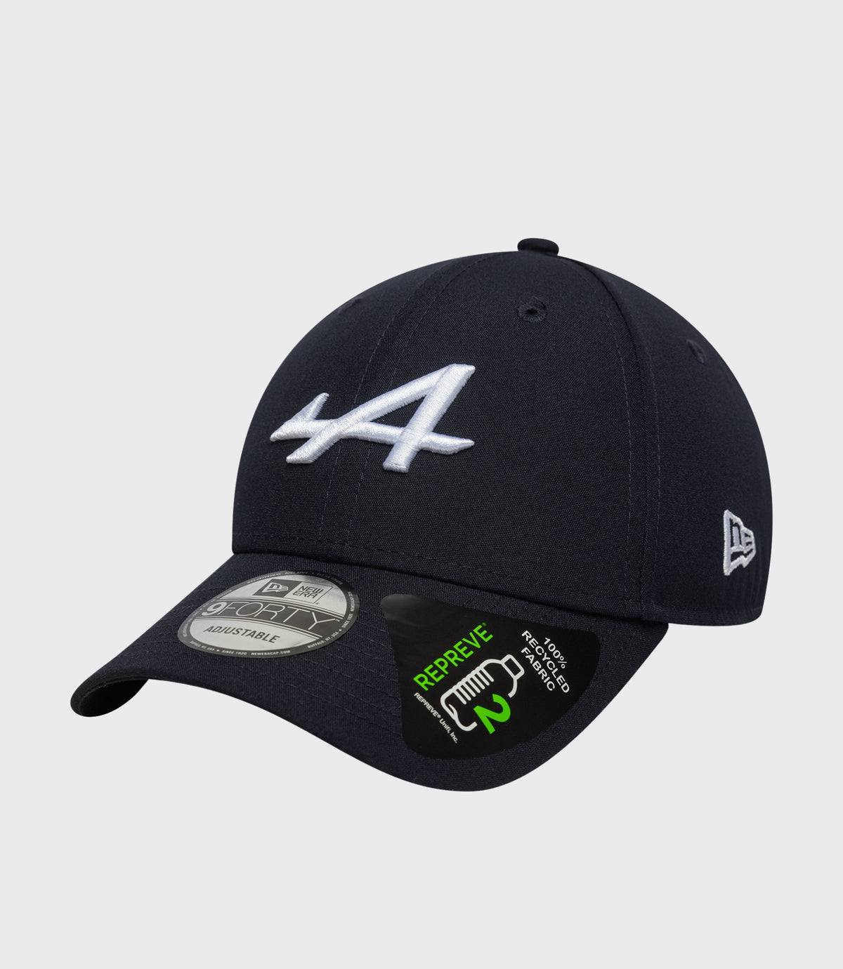 Front view of navy New Era Repreve 9Forty cap with white embroidered logo on the crown and a brim sticker
