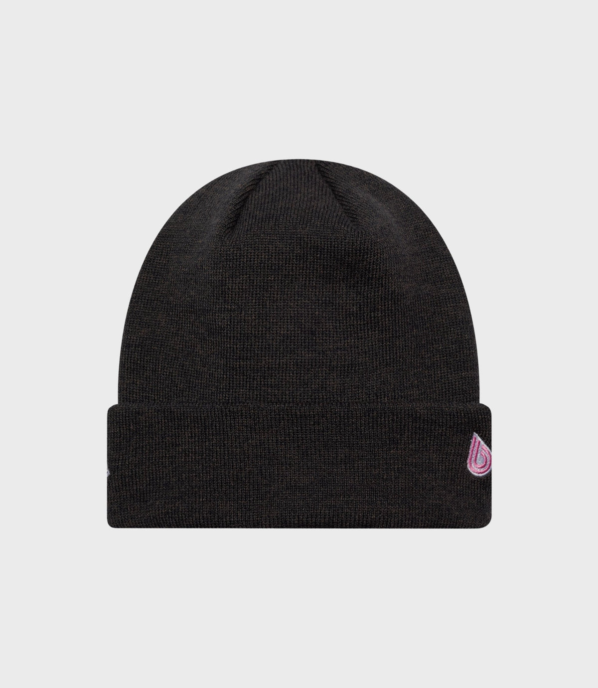 Dark blue knit cuff cap with pink embroidered logo on the cuff